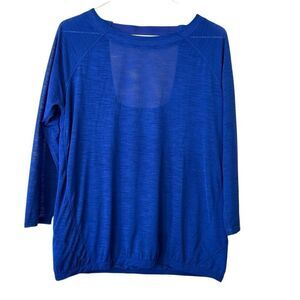 Athleta Faux Wrap Open Back Semi Sheer Raglan 3/4 Sleeve Blue Top Medium
